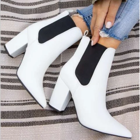 White Ankle Booties With Black Side Goring Detail - Picture 3 of 10